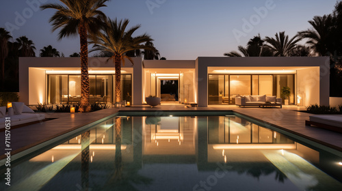 Exterior of amazing modern minimalist cubic villa with large swimming pool among palm trees © Katrin_Primak