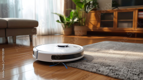 a robot vacuum cleaner working on a carpet in a new living room