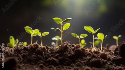 Tiny seedlings emerge from rich, dark soil, reaching eagerly for the sunlight in a vibrant display of early growth