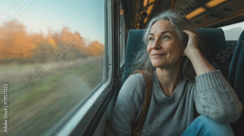 Mature woman traveling alone by train, visiting Europe, middle aged woman with long grey hair sitting by train window, solo trip, vacation in France, beautiful countryside view photo
