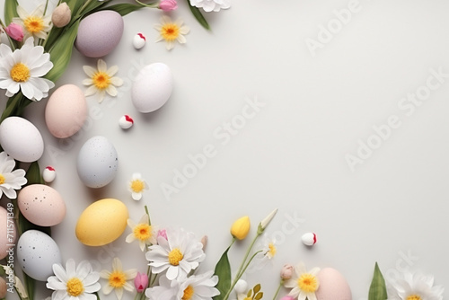 easter eggs and flowers on white with copy space 