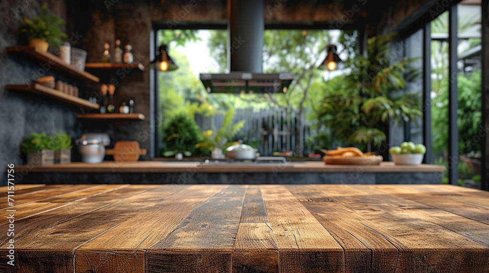 Wooden table with blurred modern kitchen.