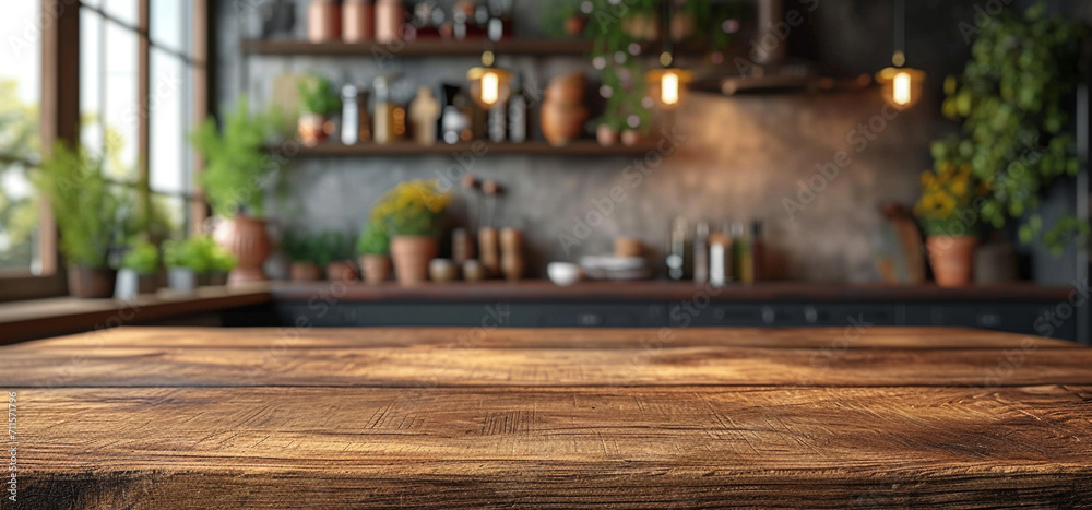 Wooden table with blurred modern kitchen.