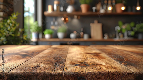 Wooden table with blurred modern kitchen.