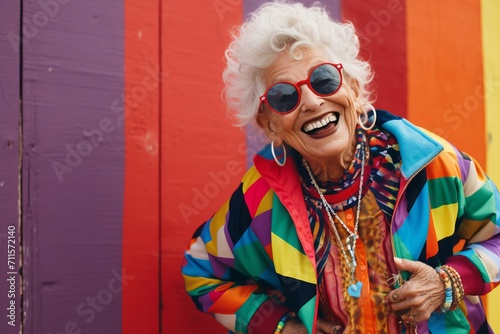 Portrait of happy senior woman in colourful jacket and sunglasses on colorful background