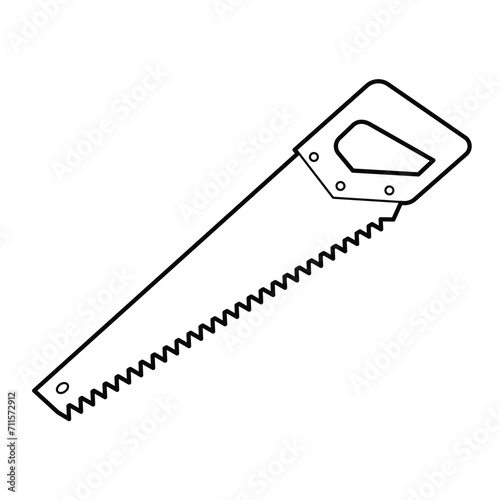Hand saw on wood for sawing boards. Saw for construction and repair. Design element. Black and white outline illustration