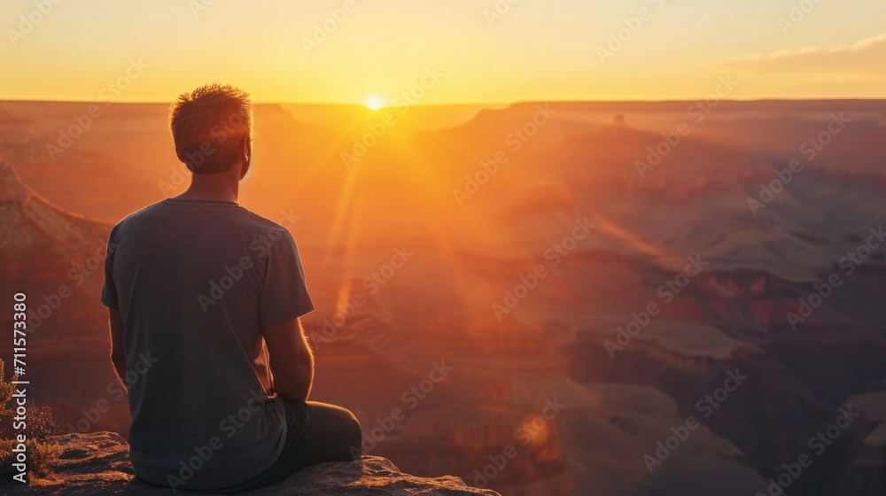 Man looking into a vast canyon with his back turned generative ai