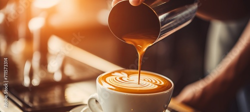 Skilled barista preparing delicious cappuccino with text space on the left side for customization photo