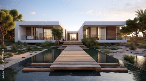 Luxury minimalist house with wooden cladding, black panel walls, and lush landscaped front yard © Ilja