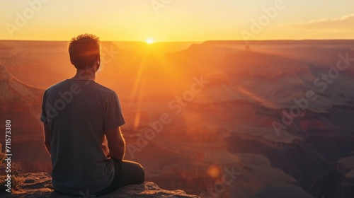 Man looking into a vast canyon with his back turned generative ai