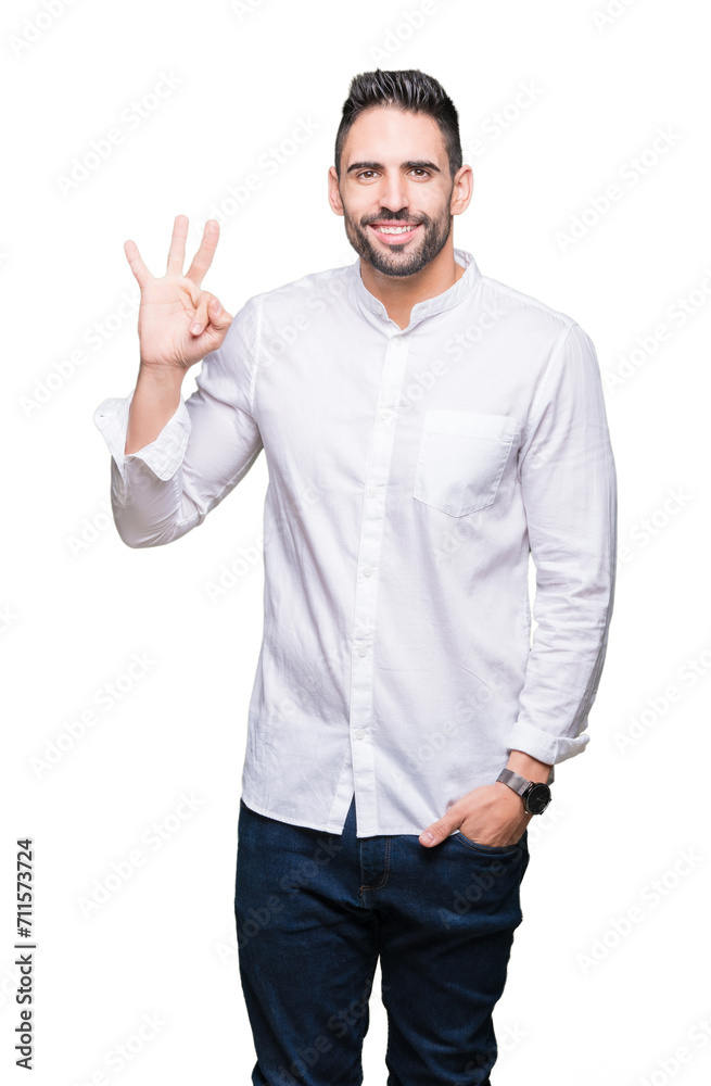 Young business man over isolated background showing and pointing up with fingers number three while smiling confident and happy. Young business man over isolated background showing and pointing up with fingers number three while smiling confident and happy.
