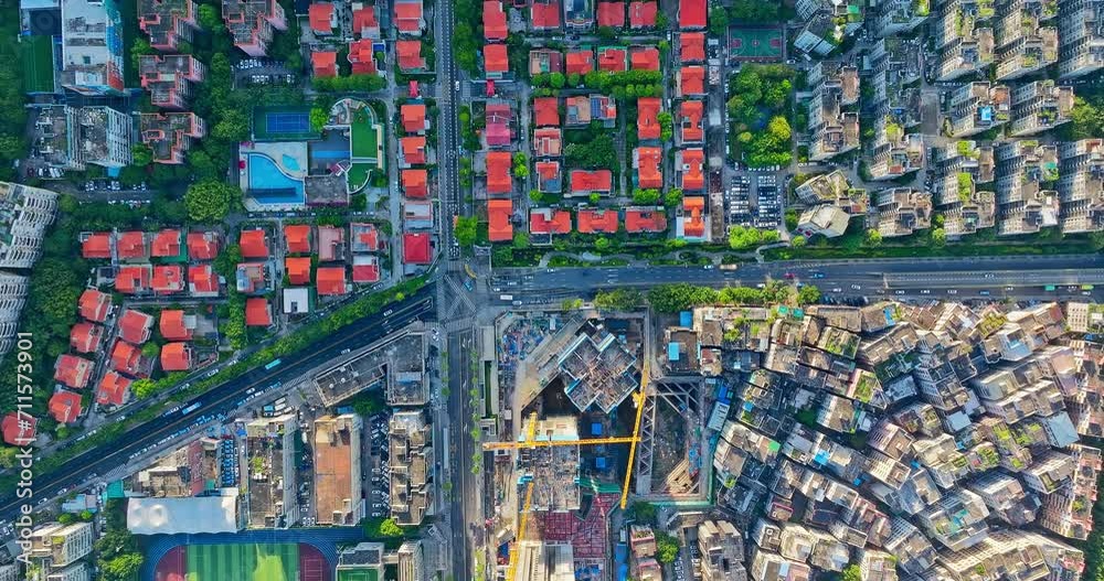 Aerial downward shot of Shenzhen city crowded buildings and environmental natural scenery Aerial downward shot of Shenzhen city crowded buildings and environmental natural scenery