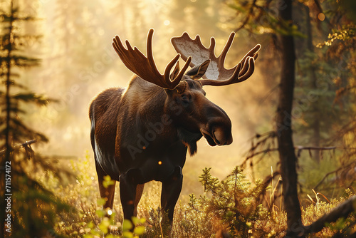 The moose shows off its pride and beautiful antlers.