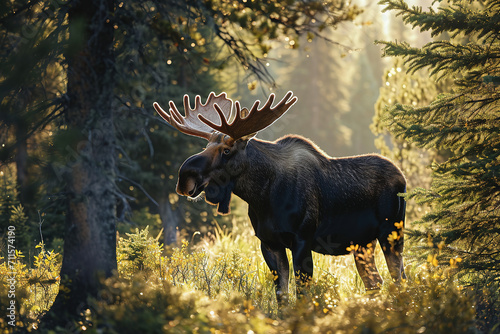 The moose shows off its pride and beautiful antlers. photo