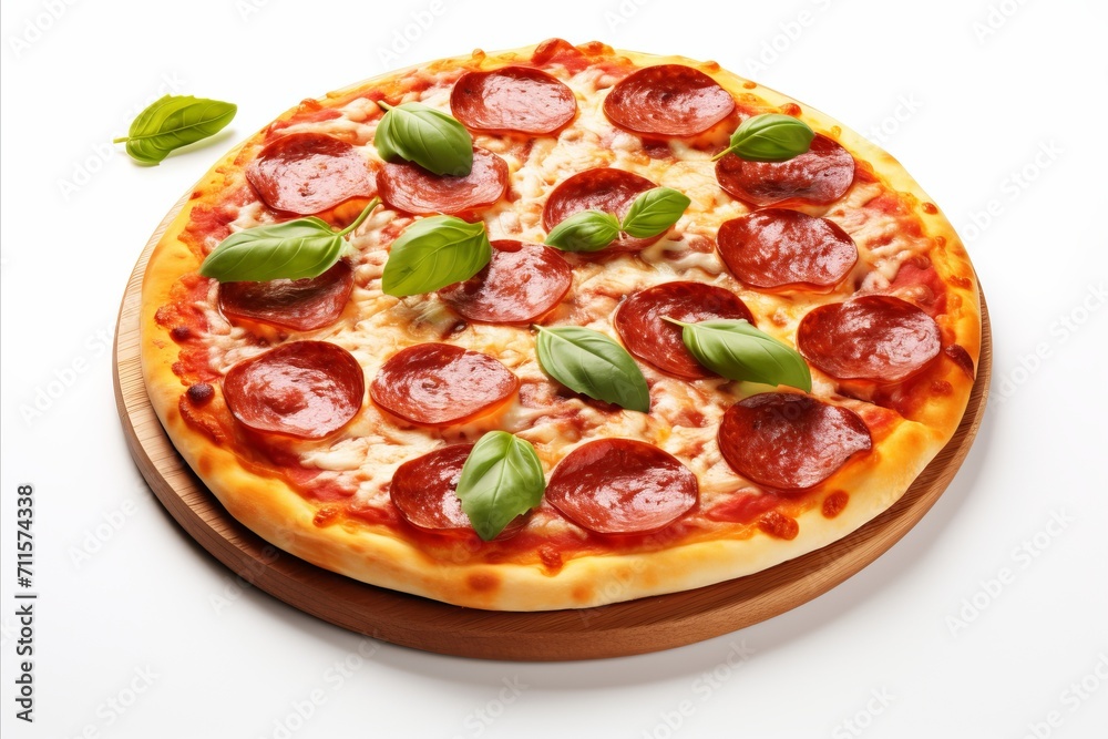 Delicious pepperoni pizza slice with melted cheese and fresh toppings, isolated on white background Delicious pepperoni pizza slice with melted cheese and fresh toppings, isolated on white background