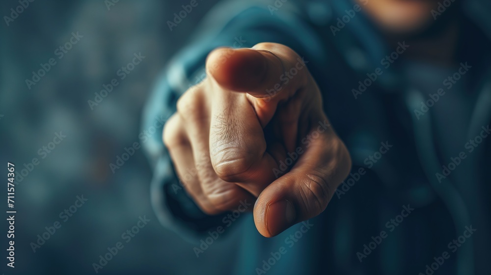 Close-up of a Caucasian unrecognizable man hand pointing with a finger at camera, gesture - obrazy, fototapety, plakaty 