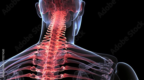 Inflamed lumbar spine male anatomy illustration with highlighted inflammation and affected nerves