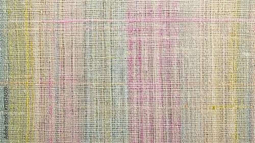 Detailed woven fabric, twee-style pattern in soft pastel hues for spring spring backgrounds. Pink, green, pale brown, light yellow warp and weft threads intertwine to create unique textile.