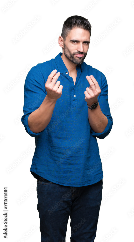 Young handsome man over isolated background Doing money gesture with hand, asking for salary payment, millionaire business Young handsome man over isolated background Doing money gesture with hand, asking for salary payment, millionaire business