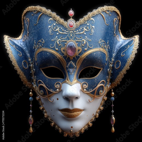 A close up of a blue and gold mask, Mardi Gras carnival mask.