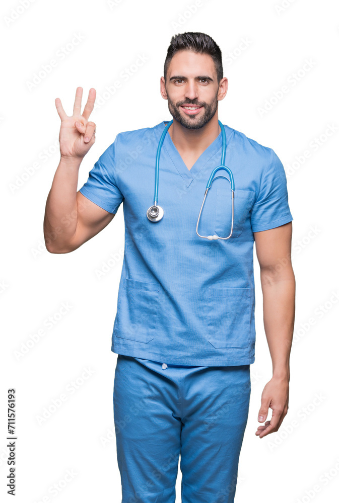 Handsome young doctor surgeon man over isolated background showing and pointing up with fingers number three while smiling confident and happy. Handsome young doctor surgeon man over isolated background showing and pointing up with fingers number three while smiling confident and happy.