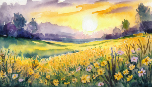 Watercolor Art Painting: Floral Abundance in Field Subtly Blooming at Evening