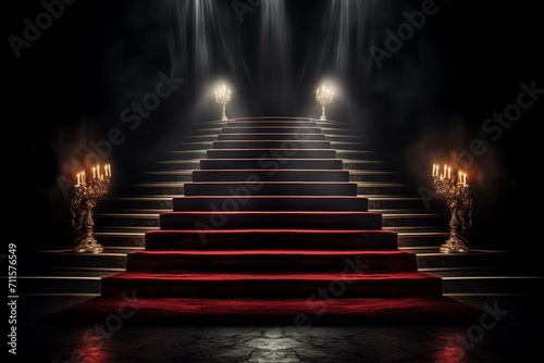 Stairs with red carpet on a dark background  symbolizing the path to triumph. Generative AI