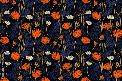 Elegant seamless floral pattern with vibrant orange and white flowers on a dark background