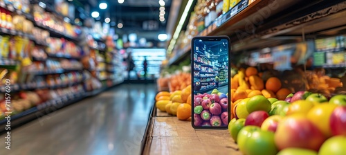 Mobile phone for online recipe search with grocery shopping app concept on defocused background