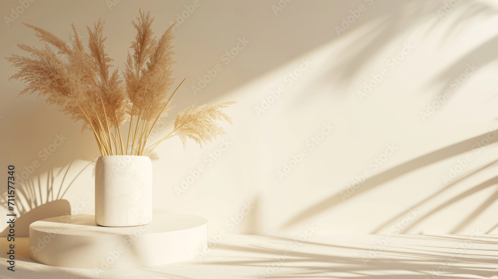 Beautiful podium composition studio pampas nature splay cosmetic minimal showcase background promotion grass beige abstract bright pedestal vase beauty shadow