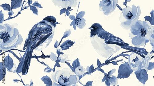 Antique oregon reversal blue white bird wallpaper in vintage styles, in the style of lewis morley, nostalgic illustration, realistic watercolor paintings, mughal art, monochrome canvases. © standret