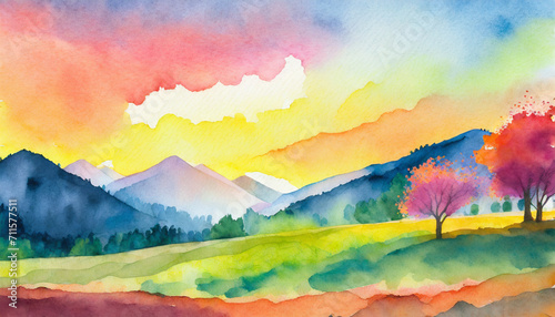 Watercolor Art Painting: Spring in the Air Mountainside Playfully at Sunset © Mangata Imagine