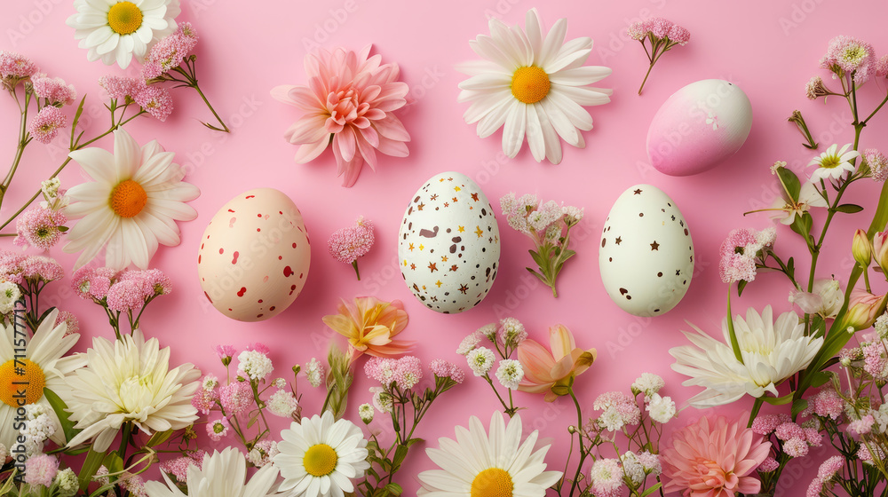 Easter composition of colorful quail eggs and spring flowers over background. Springtime holidays concept with copy space. Top view