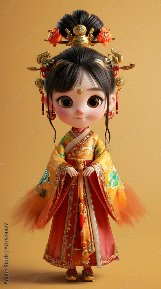 3D rendering of a cute Chinese girl wearing a kimono in Chinese new year