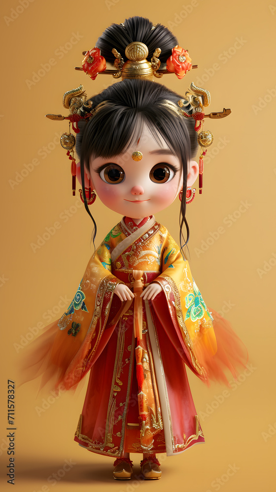 3D rendering of a cute Chinese girl wearing a kimono in Chinese new year 3D rendering of a cute Chinese girl wearing a kimono in Chinese new year