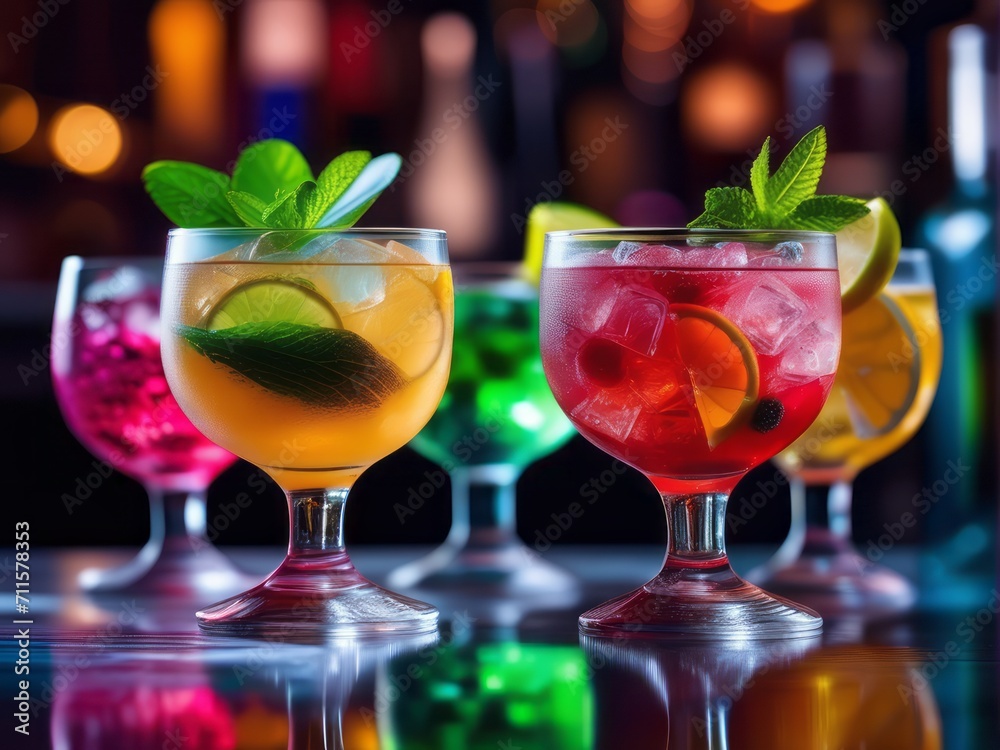 colorful gin tonic cocktails in wine glasses on bar counter in pup or restaurant, various fruit cocktails in hotel colorful gin tonic cocktails in wine glasses on bar counter in pup or restaurant, various fruit cocktails in hotel