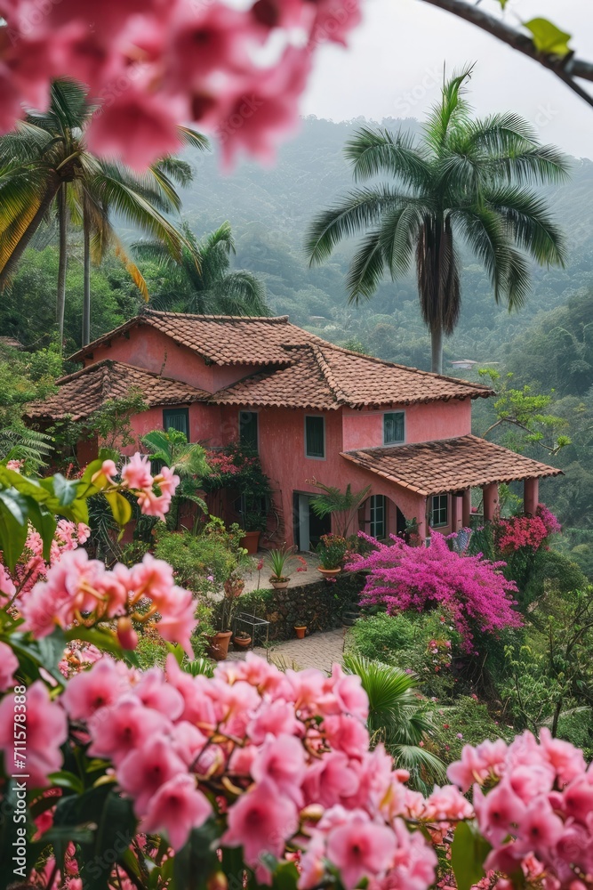 A tropical pink villa with pool surrounded by green palm trees A tropical pink villa with pool surrounded by green palm trees