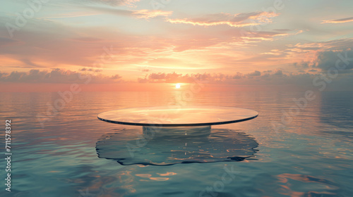 Empty glass table on crystal water surface on sunset sky background. Show case for natural cosmetic products.