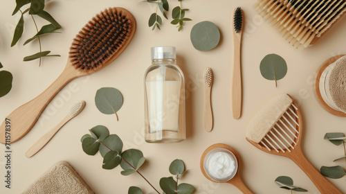 Eco cosmetics concept. Top view photo of glass dispenser bottle cream jar soap hair brush eucalyptus cotton buds toothbrushes and wooden stands on isolated beige background photo