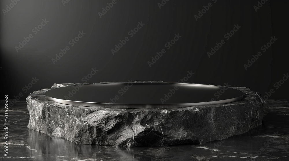 Illustration for 3d background stone podium display with dark gray and silver pedestal with round rim frame abstract minimal black nature scene Illustration for 3d background stone podium display with dark gray and silver pedestal with round rim frame abstract minimal black nature scene