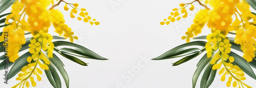 Yellow mimosas on a white background, banner. Spring nature background. spring Mimosa flowers on abstract light backdrop. spring season concept. fluffy yellow mimosa, symbol of 8 March, women's day. © Julia