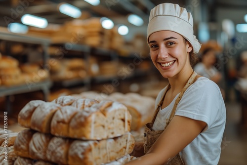 Caucasian smiling Female baker with pallet of bread on industrial bakery