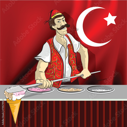 Turkey ice cream men dress in folk, with ice cream in hand drawing