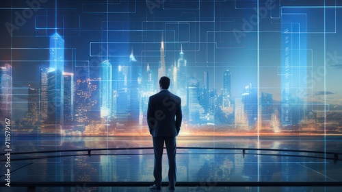A businessman looks at a trading report presentation hologram screen, with a nighttime skyscraper city view in the background.