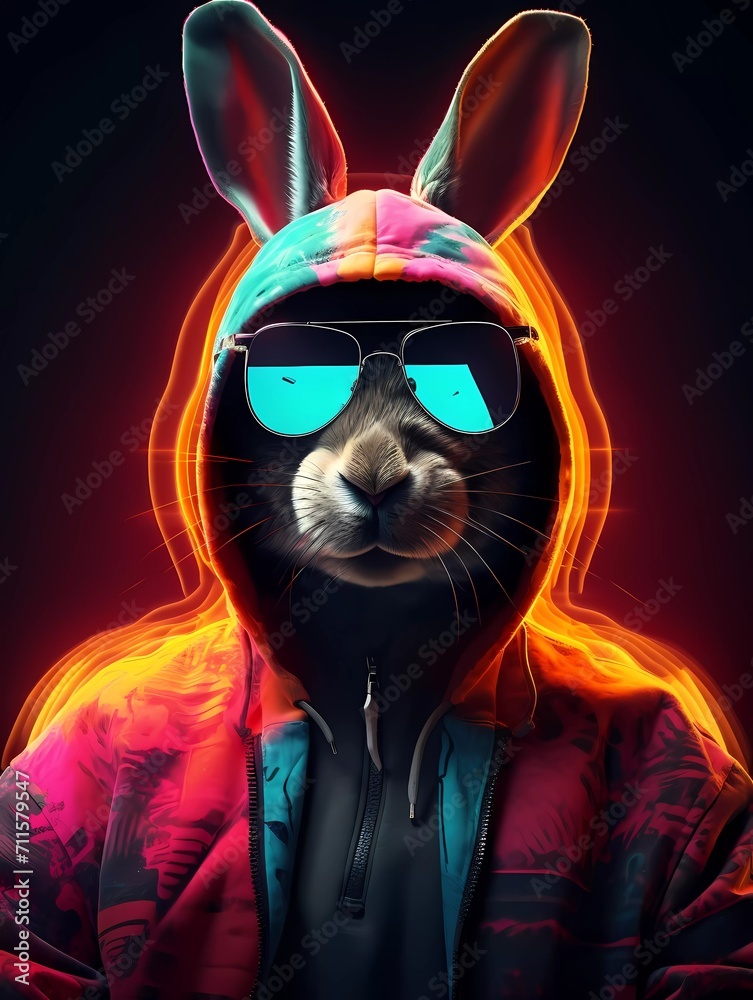 DJ bunny wearing sunglasses and a hoodie, with colorful neon lights. generative ai