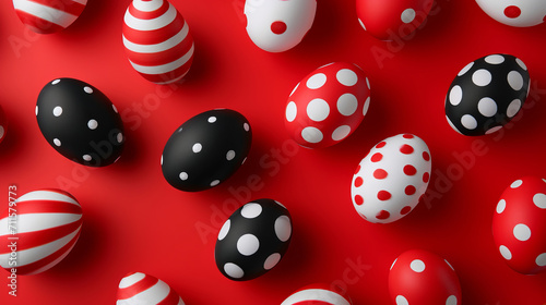 The composition in the center is small, neat and minimalist on the background of Easter eggs in a pattern and decor in red, black and white colors