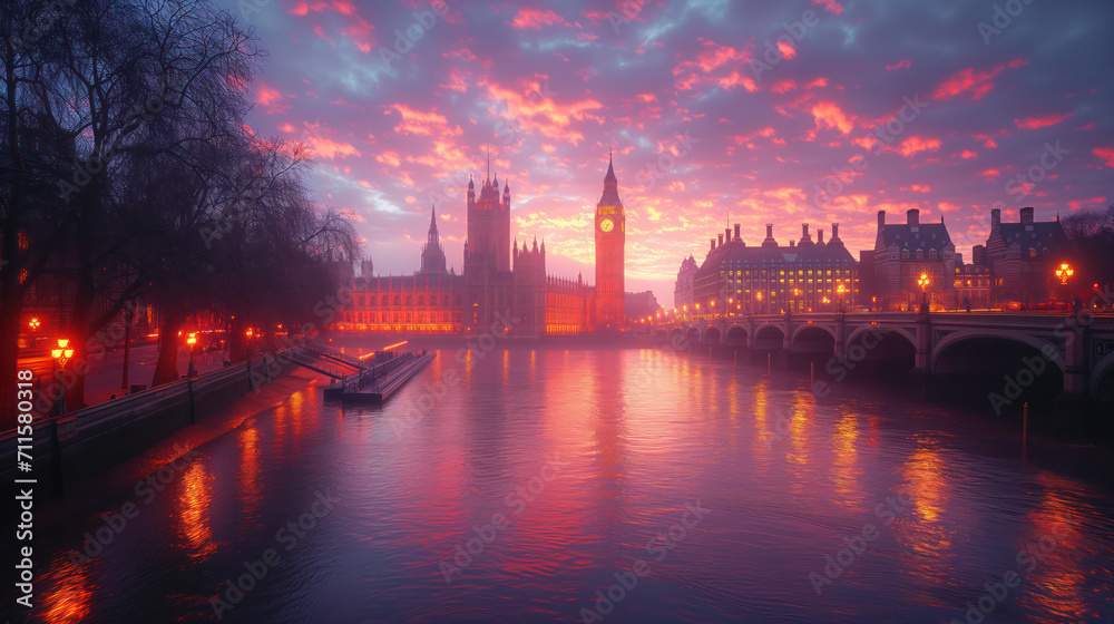 Fiery Sky over Big Ben and Westminster at Dusk