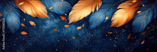A group of blue and orange feathers floating in the air, panoramic banner, header or footer. photo