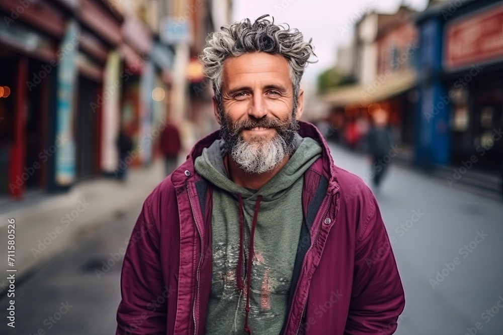 Portrait of a handsome man with long grey beard and mustache in the city streets Portrait of a handsome man with long grey beard and mustache in the city streets