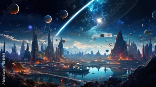 space exploration, elestial bodies, and cosmic landscapes, suitable for science fiction-themed, imaginative depiction of space exploration, featuring futuristic photo
